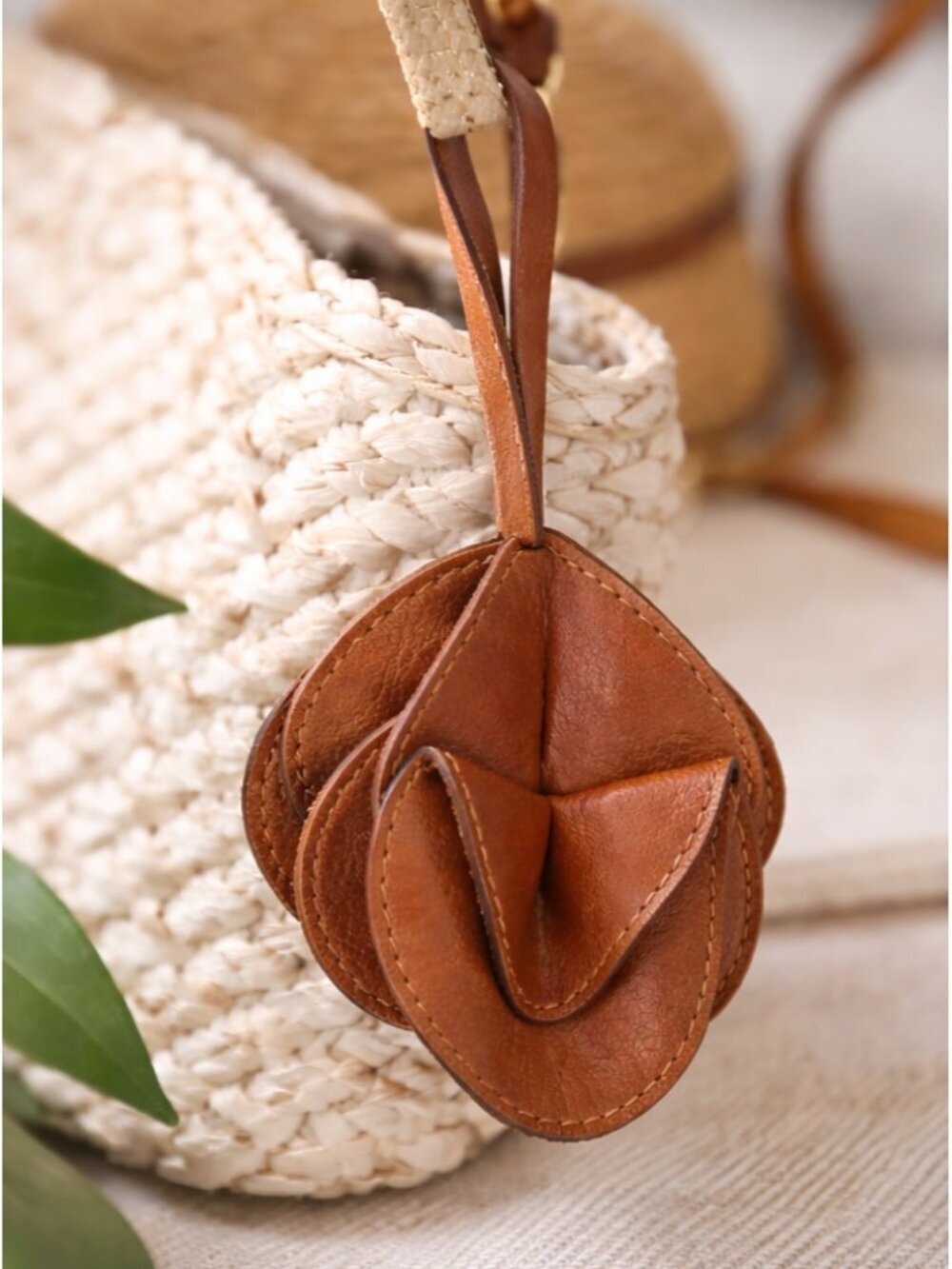 FARM RIO Leather Bag Charm Brown Floral Petal Keychain Purse Accessory